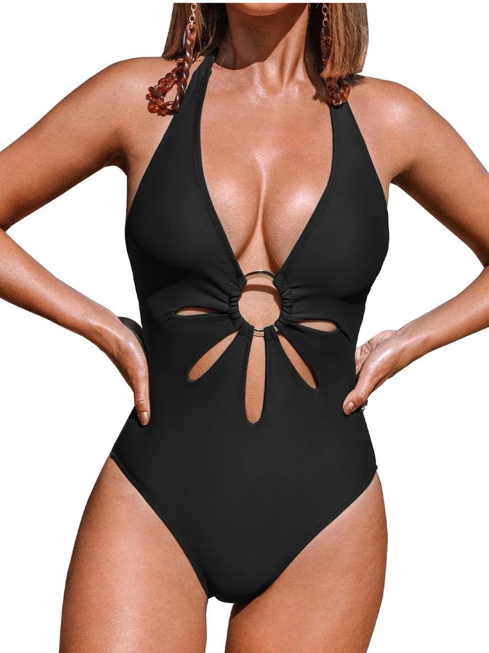 Cupshe Black Halter One-Piece Swimsuit with Ring Cutouts Beach Pool Summer